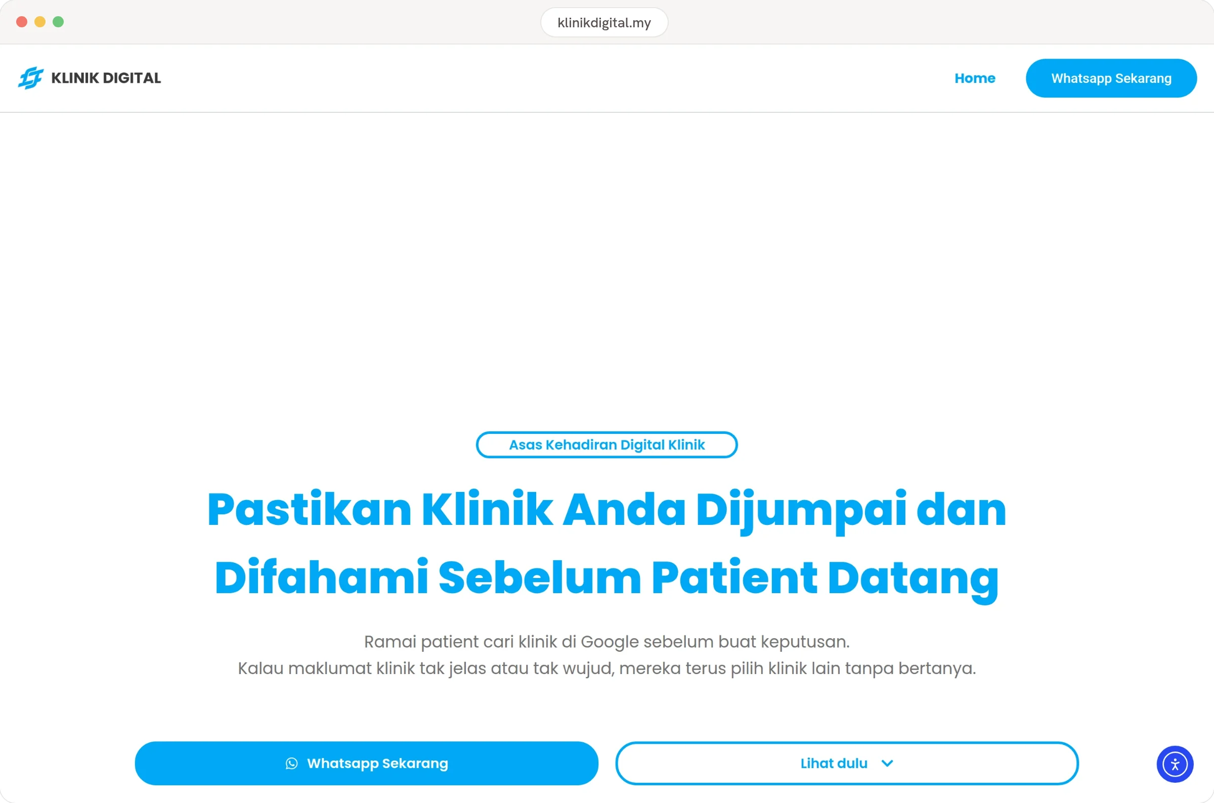 Klinik Digital's live site, klinikdigital.my, on desktop.