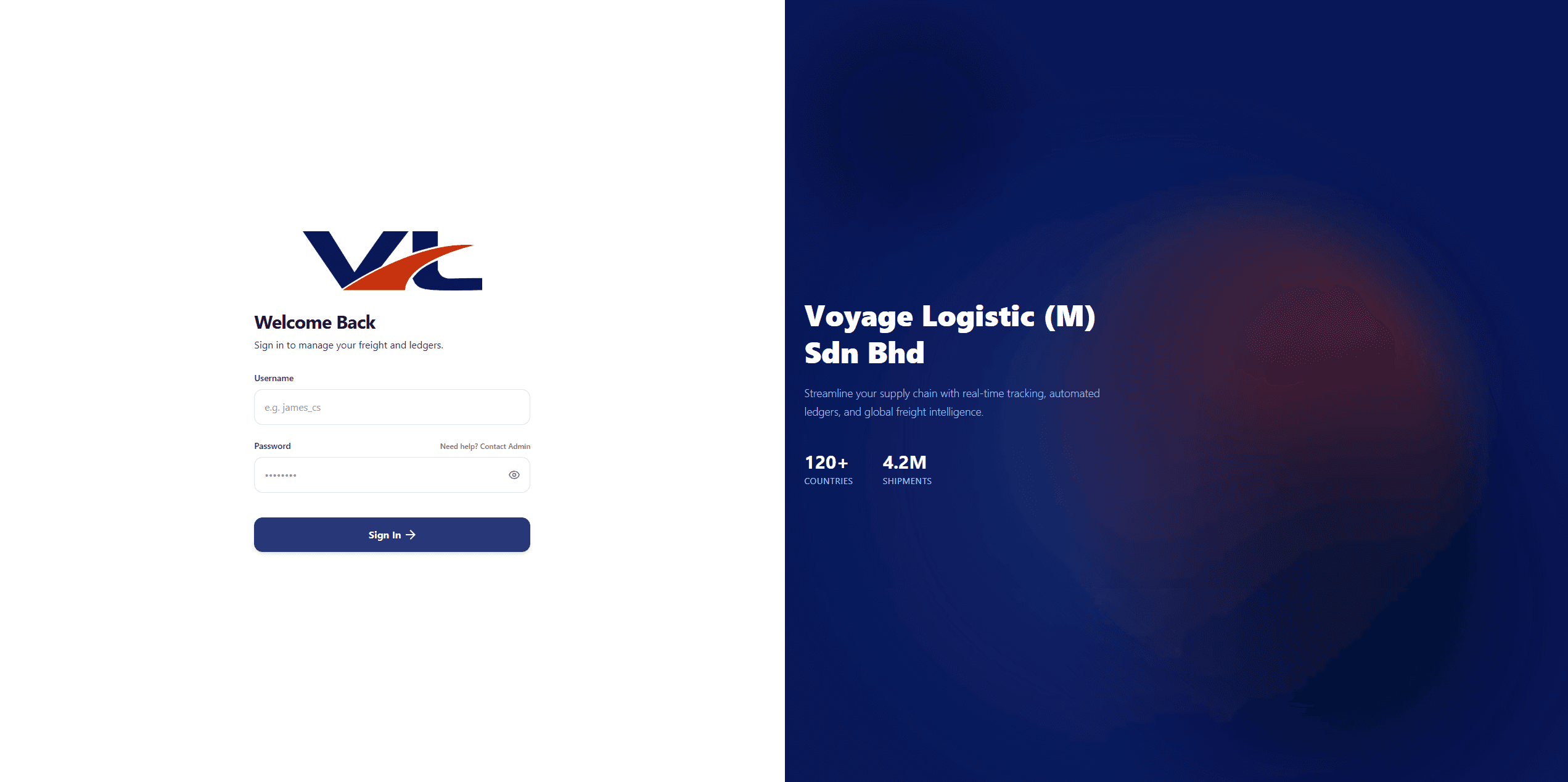 Voyage System sign-in screen beside a panel carrying the Voyage Logistic branding.